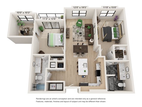 Floor plan for 2 beds, 2 baths, 1259 sqft